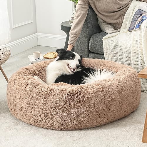 BEDSURE waschbar Flauschiges Hundebett - Ø 91 cm Donut Katzenbett für große Hunde, plüsch Hundebett rund Kuschelbett, Kamel