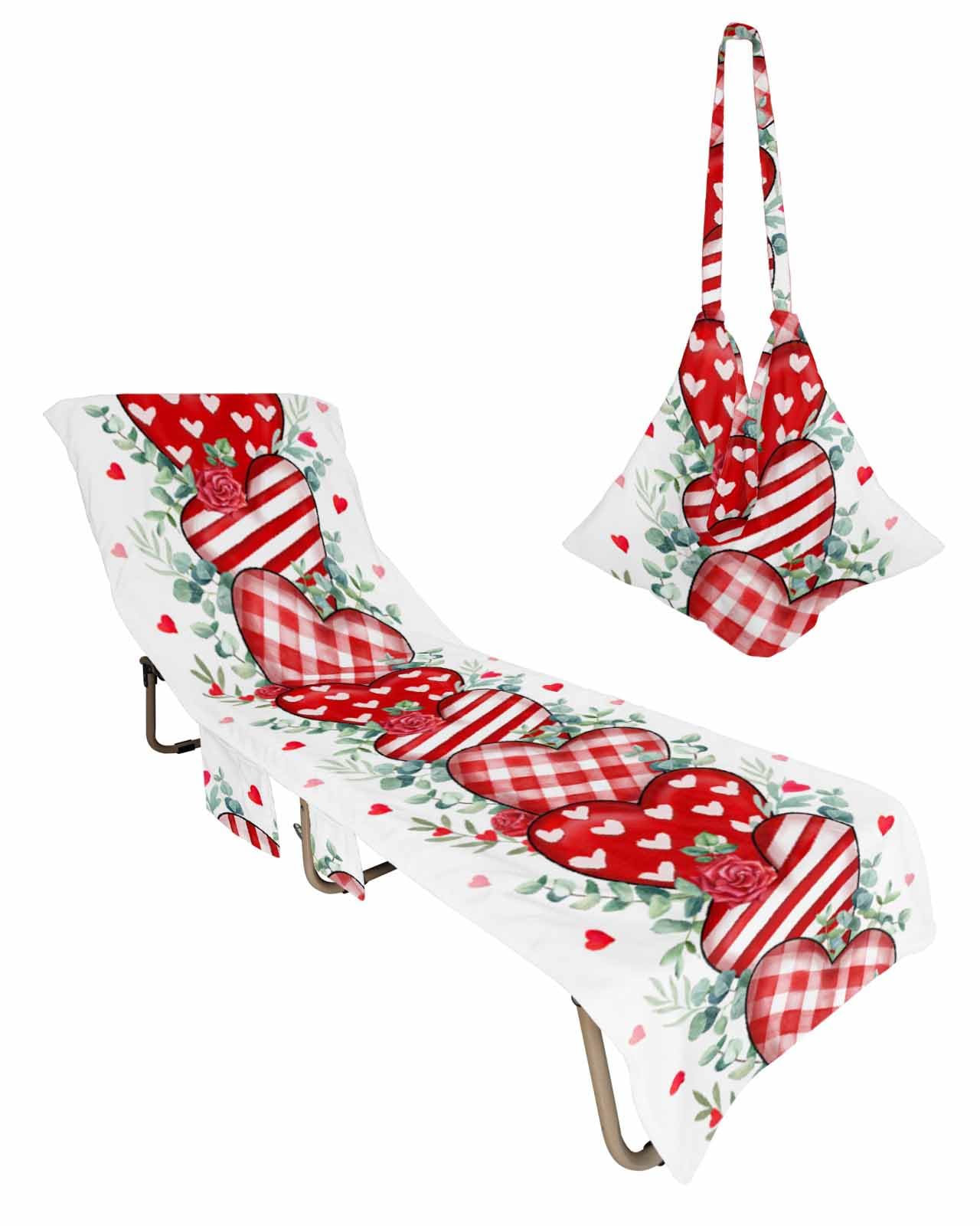Red Love Heart Valentine Beach Lounge Chair Towel Cover, Soft Chaise Lounge Towel with Side Pockets Patio Pool Chairs Cover for Beach/Pool Sunbathing 29x85 Eucalyptus Leaves Botanical