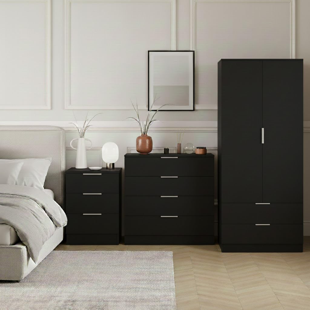 Vida Designs Trega 3 Piece Bedroom Set (3 Drawer Bedside Chest, 4 Drawer Chest, 2 Door 2 Drawer Wardrobe) Black