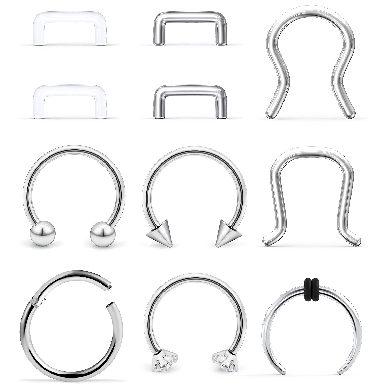 Ftovosyo11Pcs 14G Septum Jewelry Surgical Steel Nose Septum Rings Piercing Jewelry Retainer Horseshoe Vertical Labret Lip Hoop Ring for Women Men 10mm 3/8 Inch
