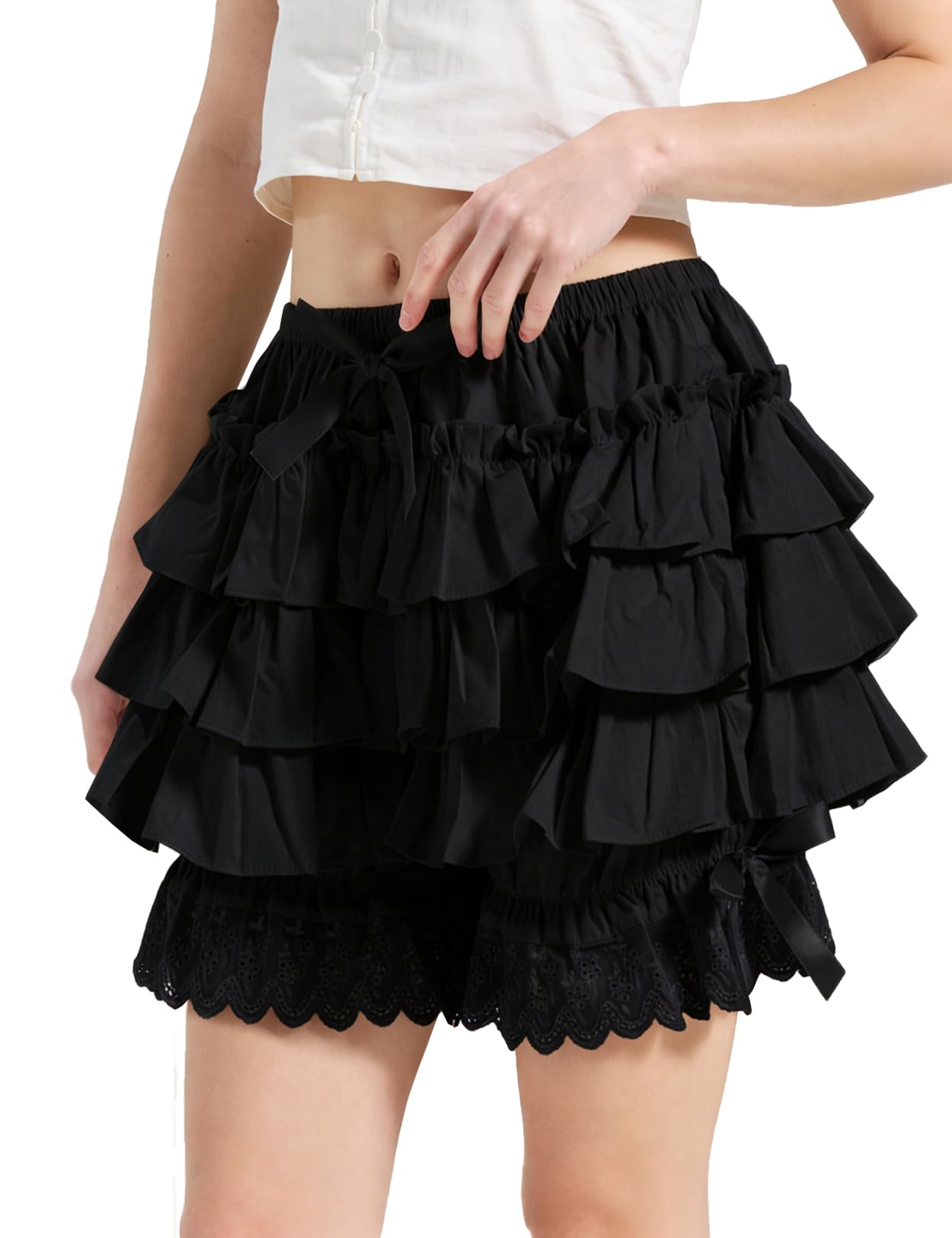 BEAUTELICATE Damskie szorty Bloomers 100% bawełna retro czółenka z falbankami szorty Pumpkin Pantaloons Pettipants z kokardką kość słoniowa czarne