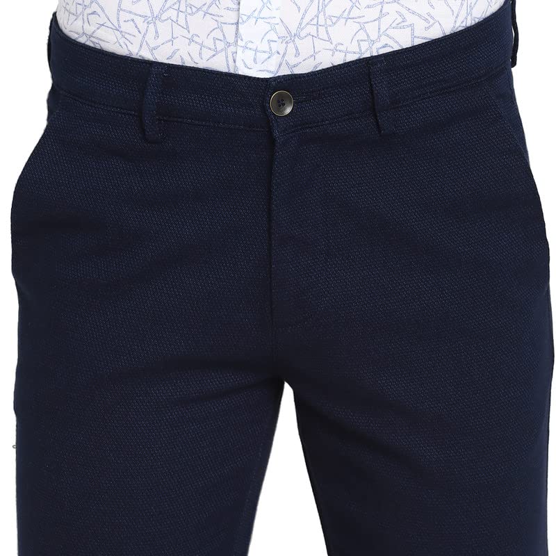 Image of Turtle Men Navy Blue Stretchable Ultra Slim Fit Self Design Casual Trousers