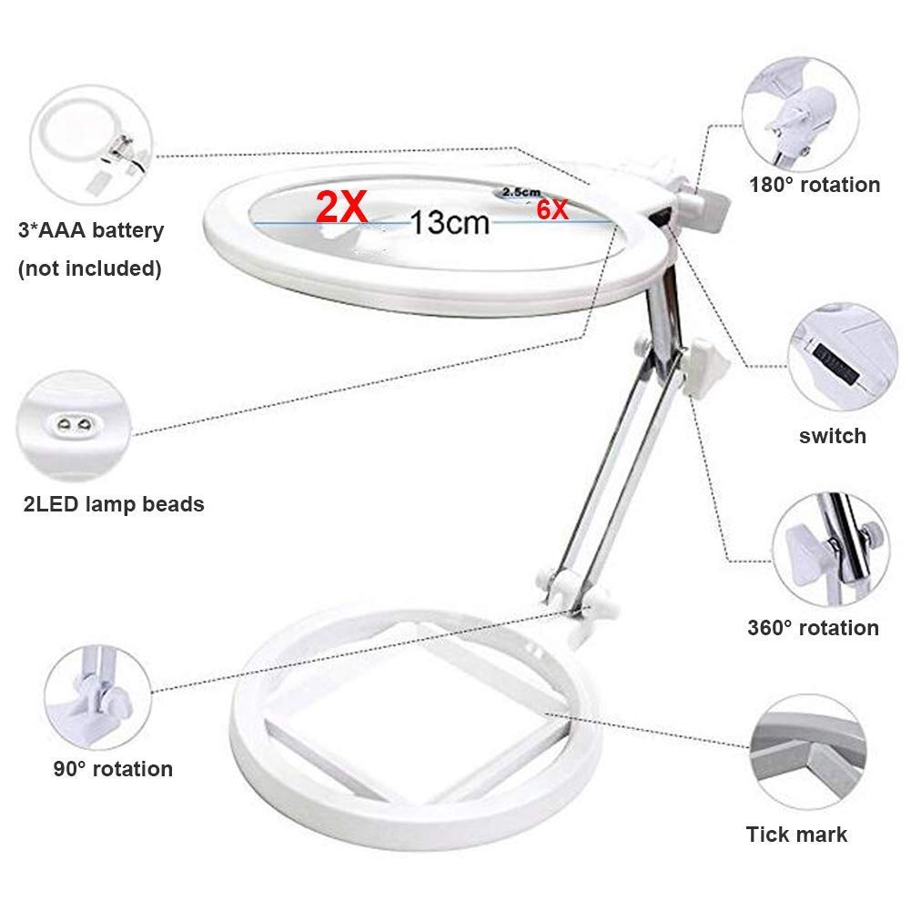 Lupa de Mano 2X 6X - 2 lámparas LED Individuales - Mango Plegable - Lupa para Personas Mayores y niños, Adecuada para Trabajos de precisión, Lectura, mapas, joyería, Soldadura, ins