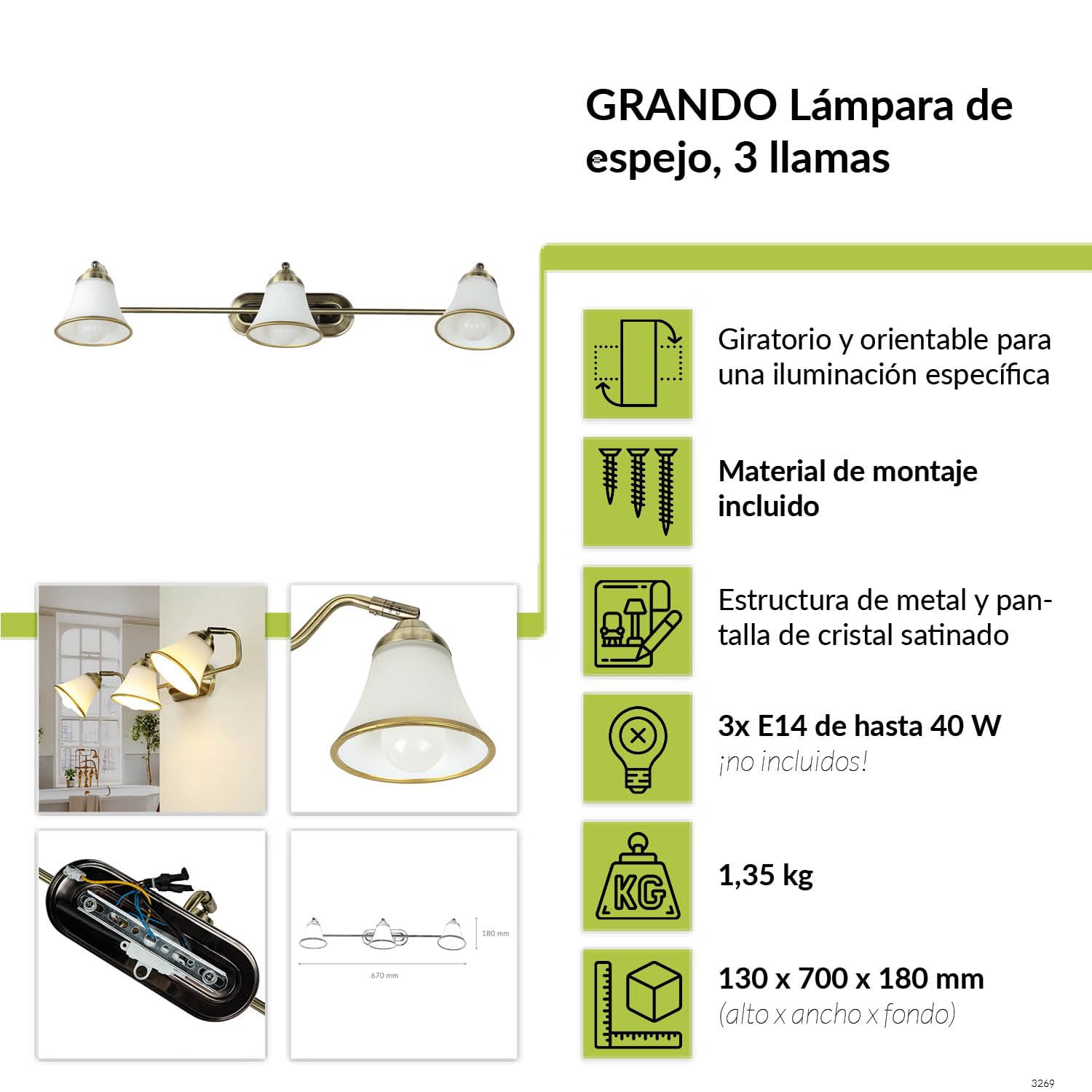 Licht-Erlebnisse Aplique Art Nouveau baño, bronce, aplique espejo, lámpara espejo, orientable, poco deslumbrante, cristal, 3 llamas, E14, A:70 cm, lámpara baño