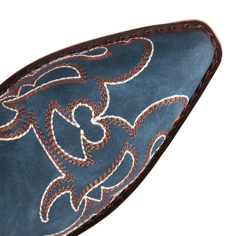 Stivali Cowboy Donna Western in Camoscio Blu Navy con Ricamo Tacco Largo in Legno Stile Country Rodeo Danza