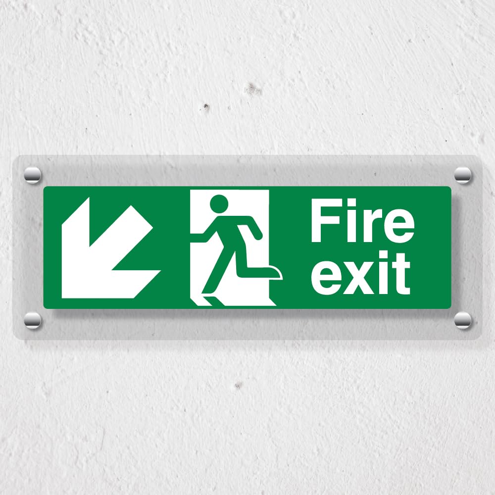 V Safety Fire Exit Arrow Down Left - 450 x 150 mm - Acrylic Perspex Cast Clear Safety Sign