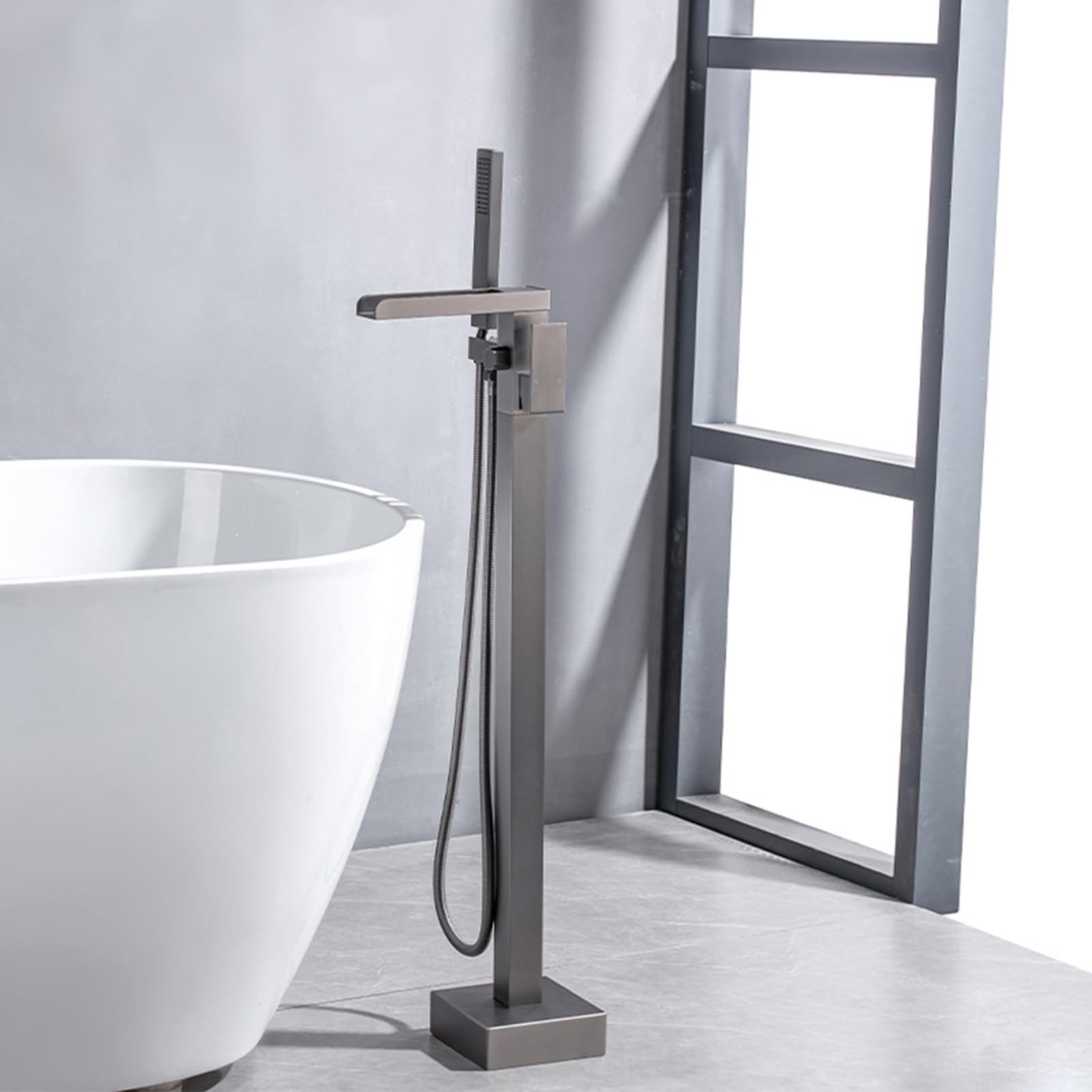 SWENEEN Modern Brass Freestanding Bathtub Faucet With Handheld Sprayer Floor Mount Tub Filler For High Flow Bath Shower 2 Function Bathroom Mixing Tap,Gun Gray