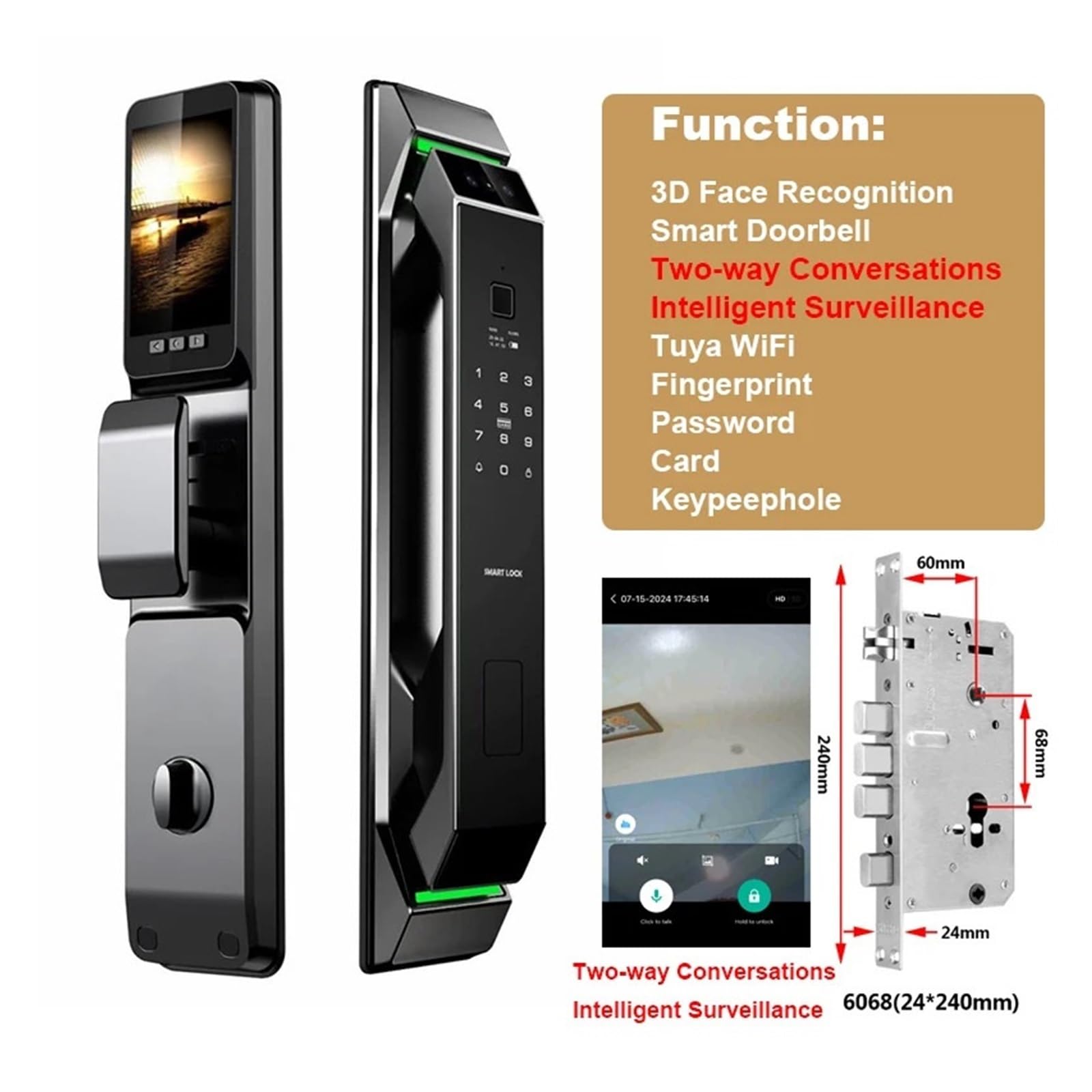 Serratura Smart, Serratura elettronica automatica intelligente for porta Riconoscimento facciale 3D Impronta digitale Password senza chiave Wifi Fotocamera Scheda Rfid Serratura domestica,per camere