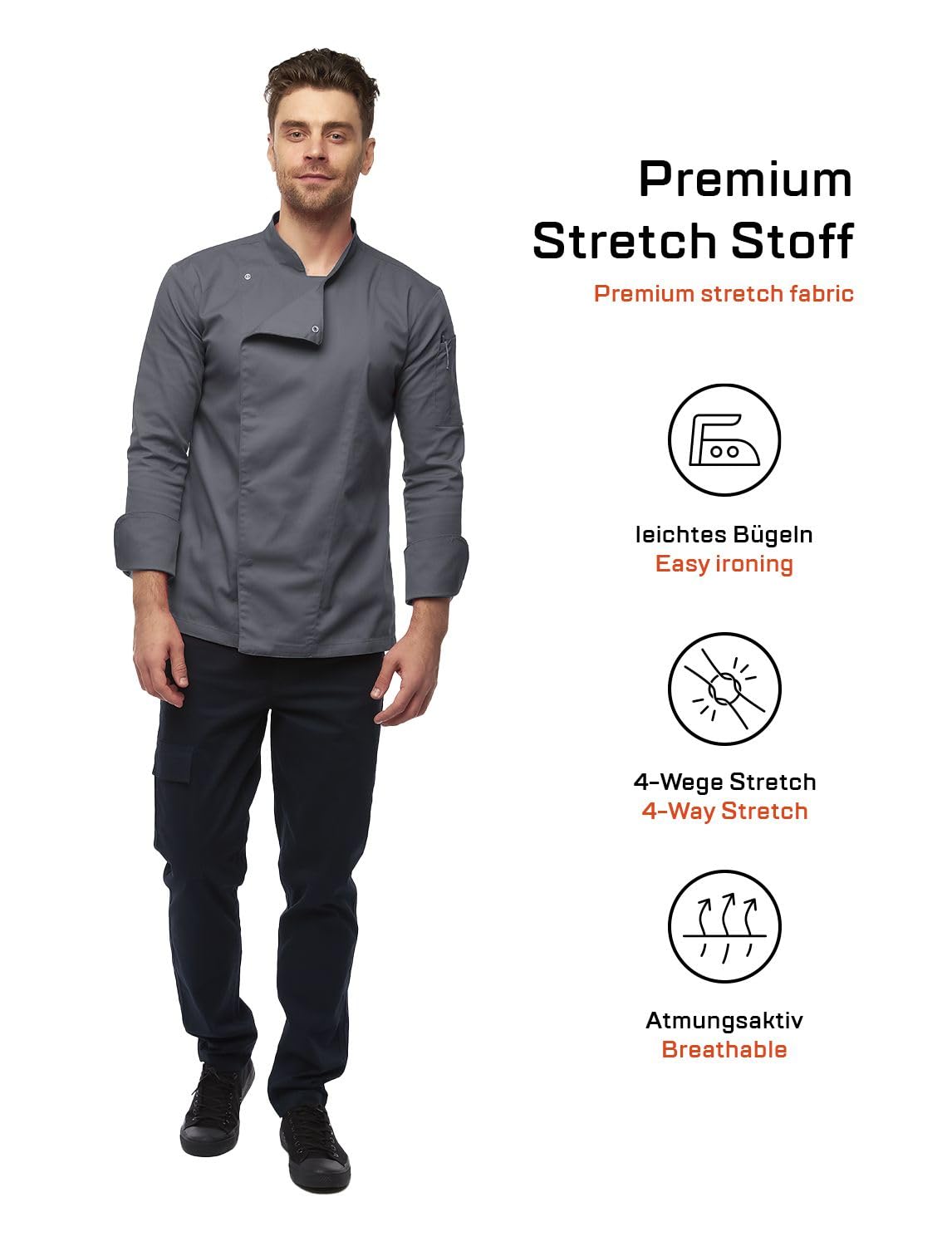 strongAnt Chaqueta de Chef para Hombre Slim Fit Stretch con Botones de presión, Chaqueta de Panadero - Manga Larga - Negro Gris Blanco
