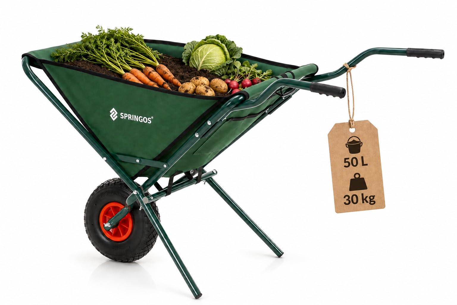 Carretilla de jardín plegable de 50 l con neumáticos de aire, carretilla de transporte de tela Oxford, marco de acero, compartimentos para herramientas, carretilla plegable para jardinería, verde