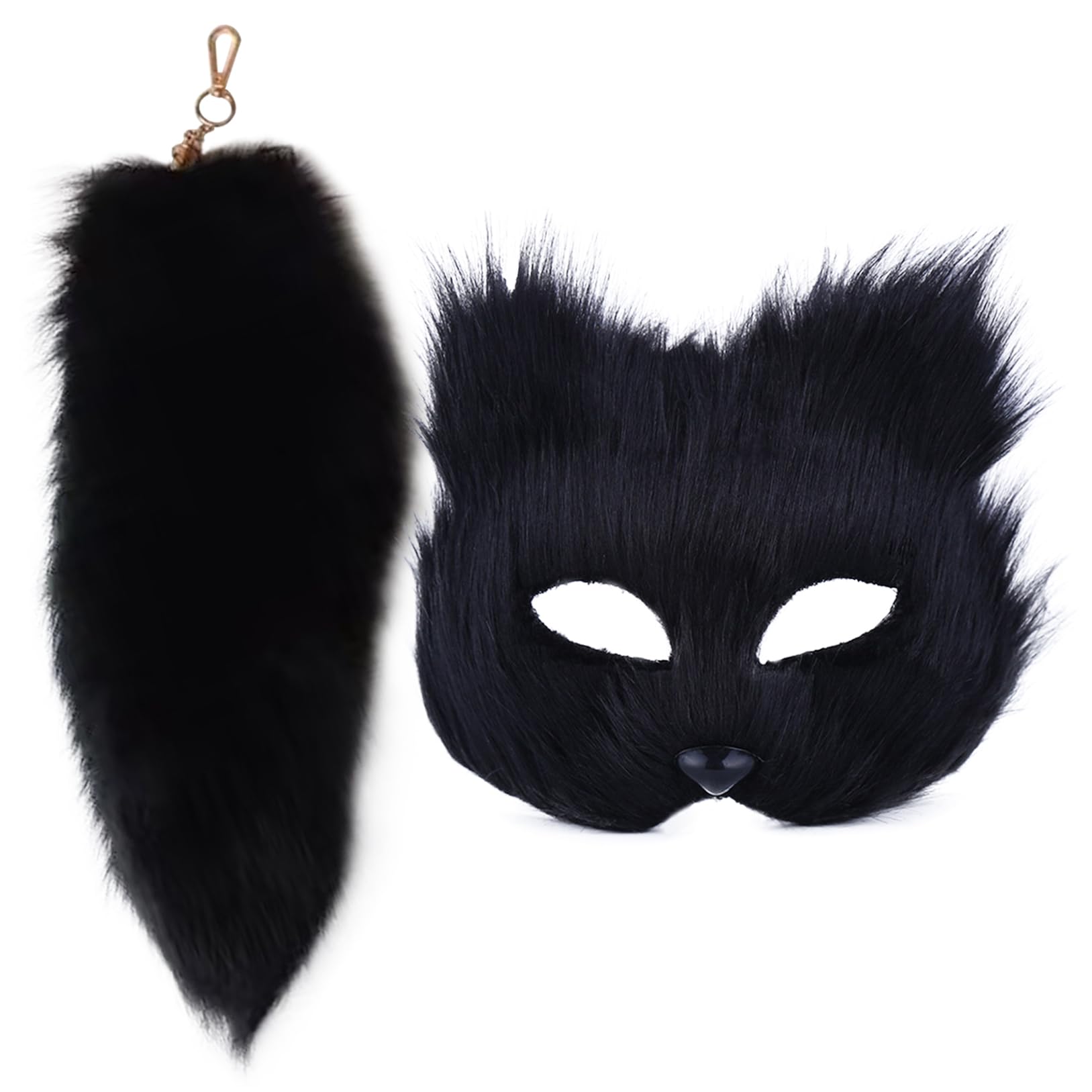 SWEETBIUTI Cat Mask and Therian Tail Set Furry Fox Mask ＆ 16'' Long Fox Tail Keychain Half Face Masquerade Mask for Cosplay Fancy Costume Party Accessory