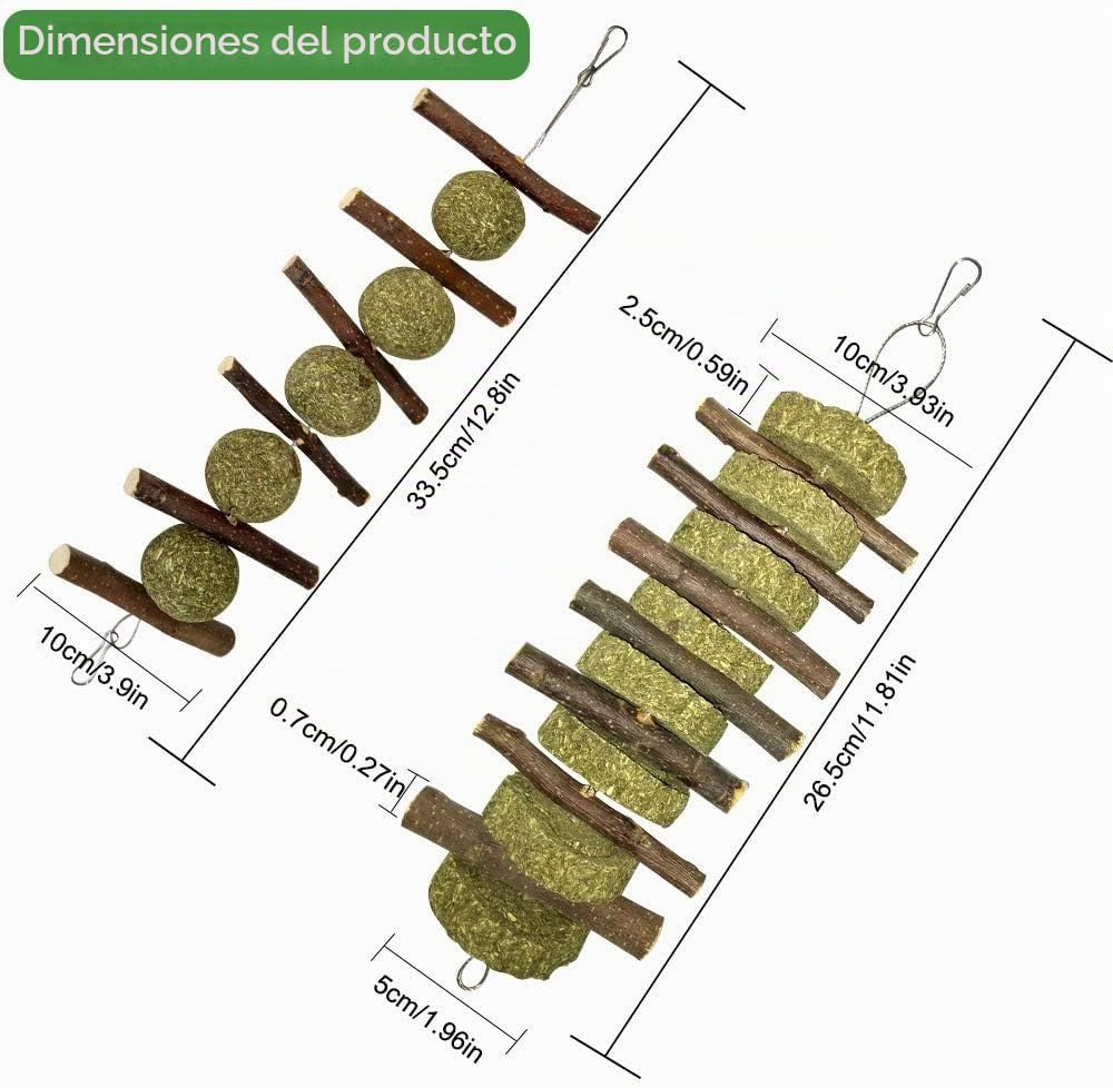 Juguete Masticable para los Molares para Conejito, 2 Piezas Juguete de Dientes de Molienda Bolas de Heno de Timothy y Palitos de Madera de Manzano para Hámster Chinchilla Cobayas