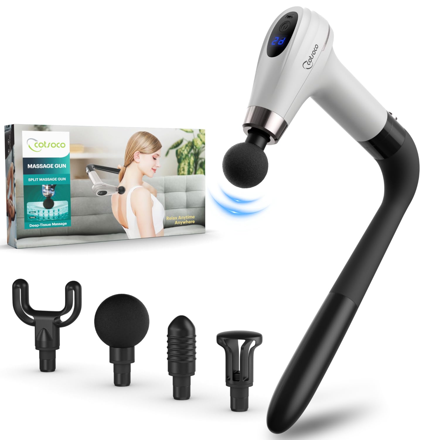 Cotsoco Massagepistole mit Verbessertem Verlängerungsgriff, Percussion-Tiefenmassagegerät für den Rücken mit 4 Massageköpfen und 6 Geschwindigkeitsstufen, Geschenk für Sie und Ihn