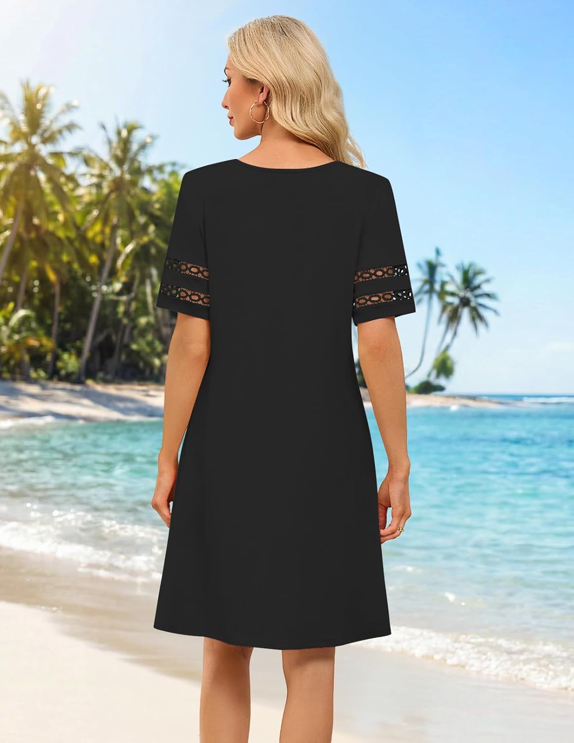 MEROKEETY Women's 2026 Summer Spring Casual T Shirt Dress Hollow Out Short Sleeve Beach Vacation Shift Swing Sundress - Image 5