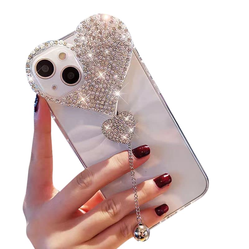 Shinyzone Coque à paillettes pour iPhone 14 Pro Max 6.7, cœur diamant Chian élégant pour femme et fille, pendentif 3D fait à la main avec strass souple en silicone transparent