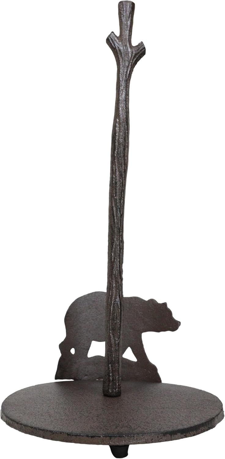 Ebros Gift Rustic Vintage Cast Iron Western Forest Black Bear Strolling Paper Towel Holder Stand 14" Tall Bears Rustic Cabin Lodge Kitchen Bathroom Home Decor Accent
