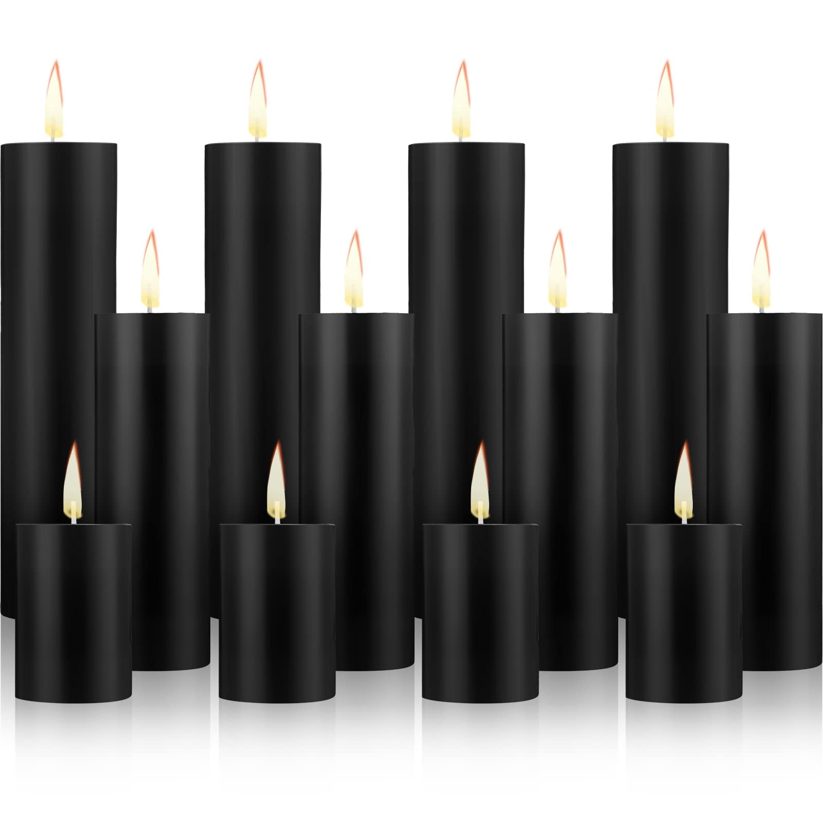 Lounsweer 12 Pieces Pillar Candles Unscented Candles Votive Candles Wax for Wedding Halloween, Spa, Holiday, Birthday, Home, Bath, Reception Decor, 2 x 3 Inch, 2 x 6 Inch, 2 x 8 Inch (Black)