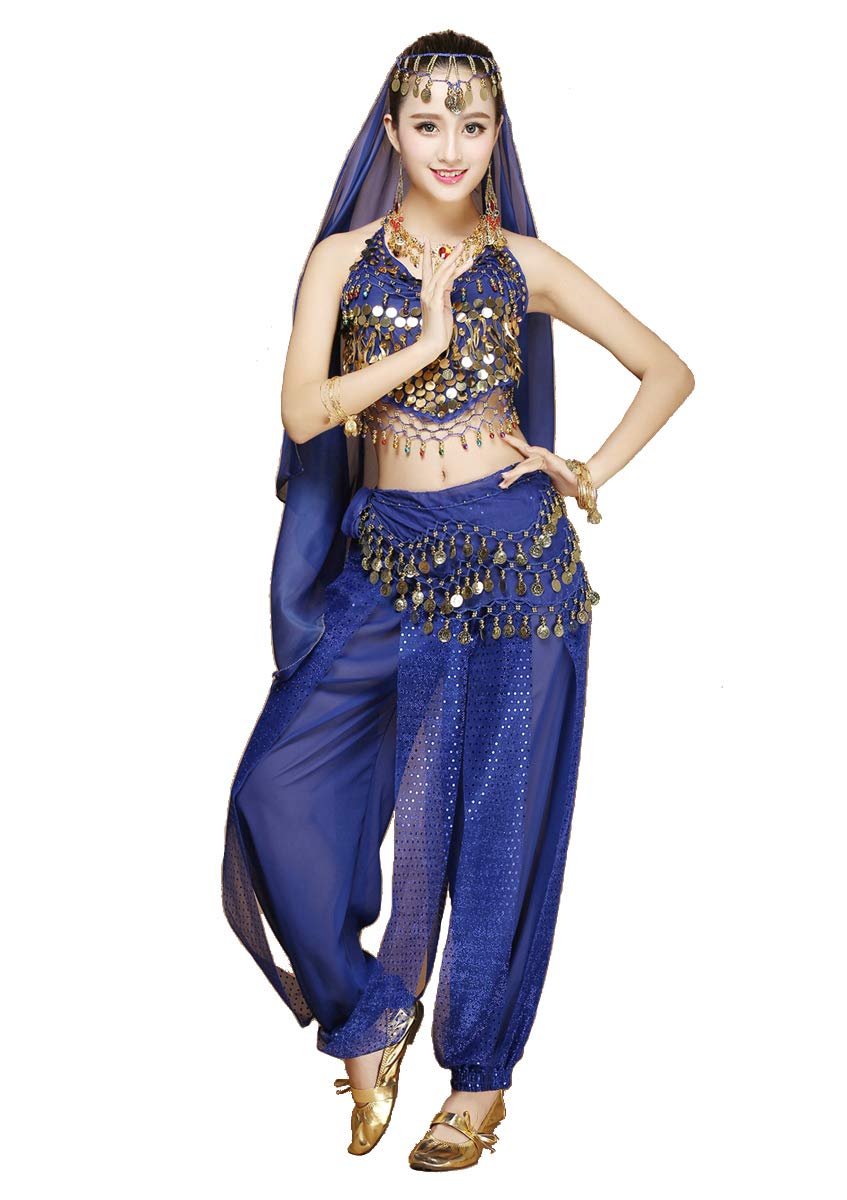 Womens danzatrice del Ventre 4 Pezzi Vestito Costume Set con Il Massimo dei Pantaloni Testa Velo Sciarpa dell'anca per Ballare Egiziano Arabian