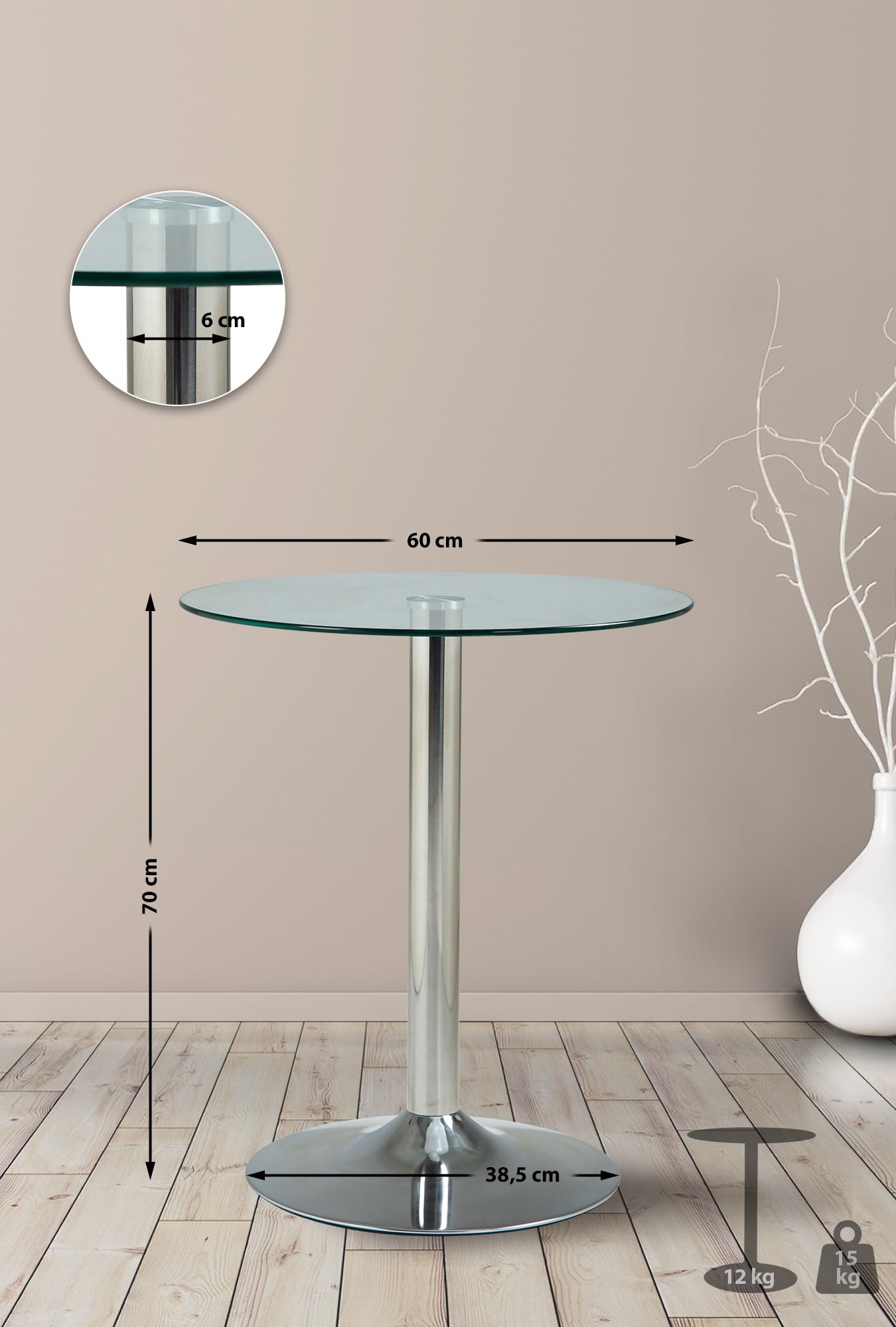 CLP Tavolo In Vetro Rotondo Di Sicurezza Ø 60 CM, H 70 CM I Tavolo Moderno Bar Con Piedistallo In Metallo Cromato, Colore:vetro trasparente