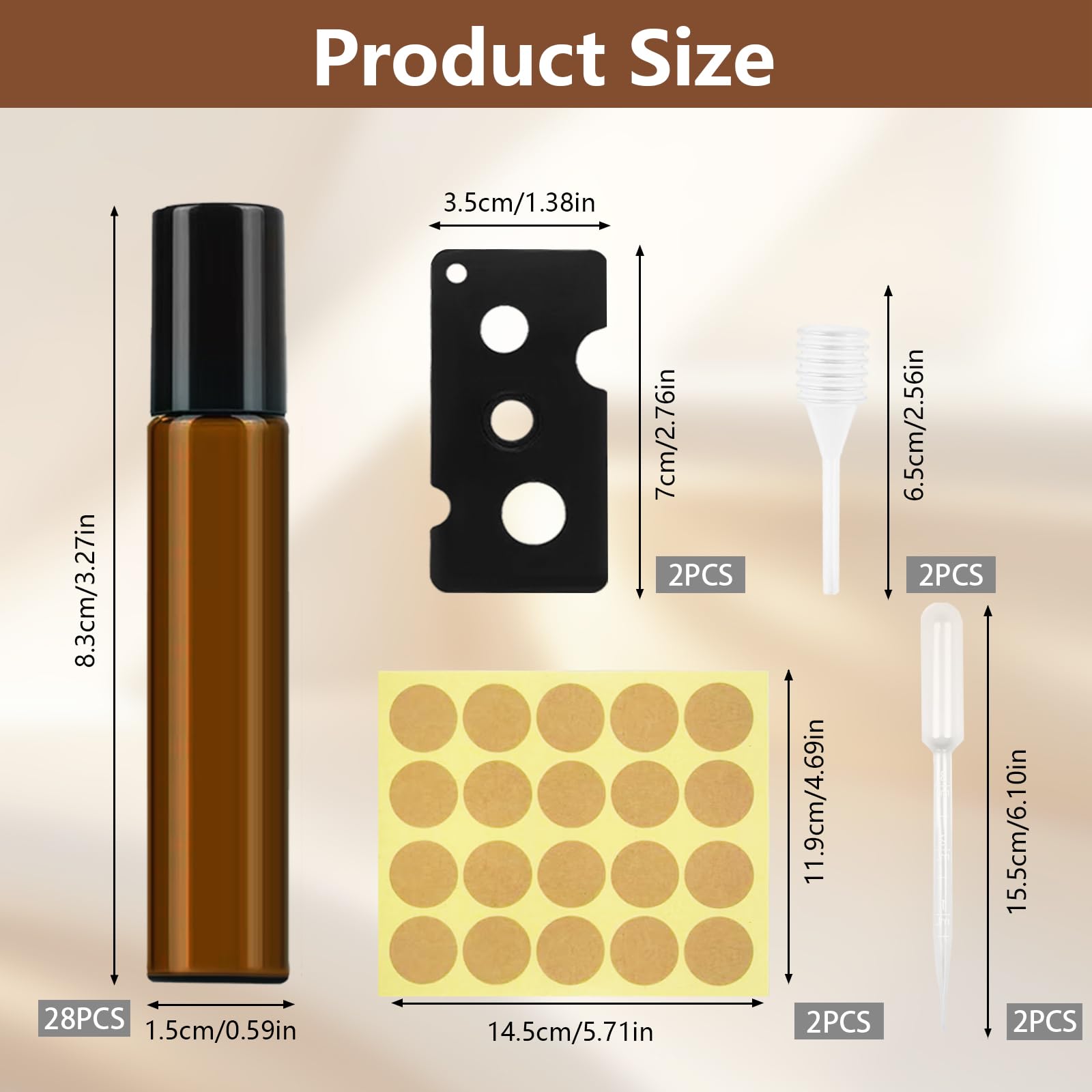 28 pezzi Roll on bottiglia vuota da 10 ml, con 40 adesivi per etichette, 2 pipette, 2 contagocce pastorizzate, 2 aperture, oli essenziali, bottiglie marroni