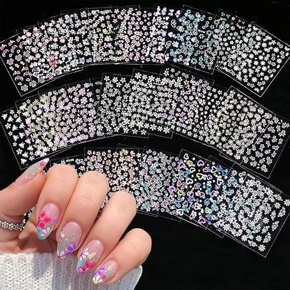 30 Sheets 5D Embossed Flower Nail Art Stickers - Self-Adhesive Colourful Floral, Cherry Blossom & White Lace Nail Decals for Acrylic Nails, 3D Textured Spring Summer Manicure DIY Decorations-image-46