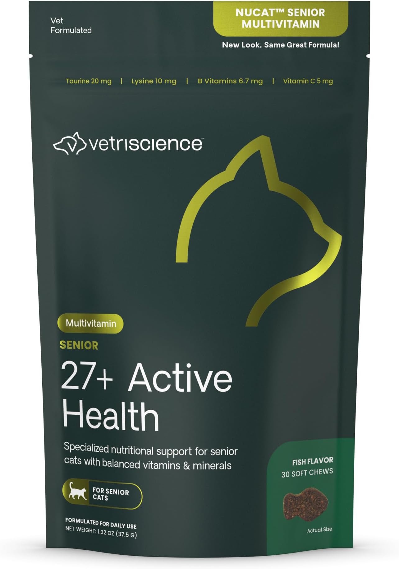 VetriScience Senior 27+ Active Health Chews, Nu Cat Daily Multivitamin for Senior Cats, Balanced Vitamins, Minerals and Antioxidants, Healthy Aging and Wellness Support, Fish, 30 Count
