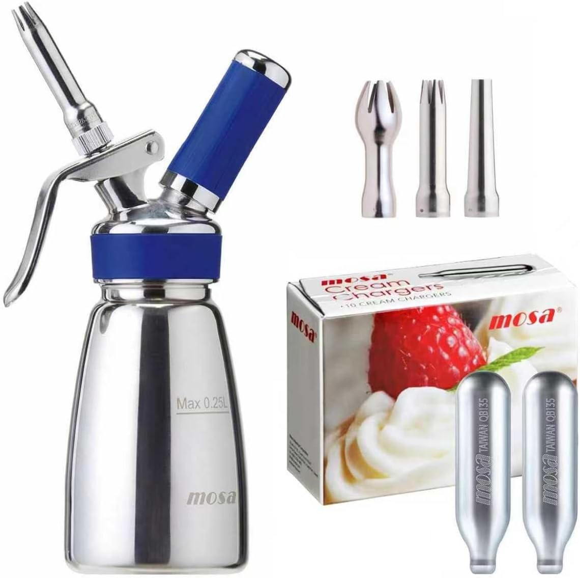 Mosa Whipped Cream Dispenser Set, 250ml Stainless Steel Cream Whipper + 10 Pack Chargers, Durable Food-Grade System, Leak-Resistant Design, Professional Dessert & Beverage Tool