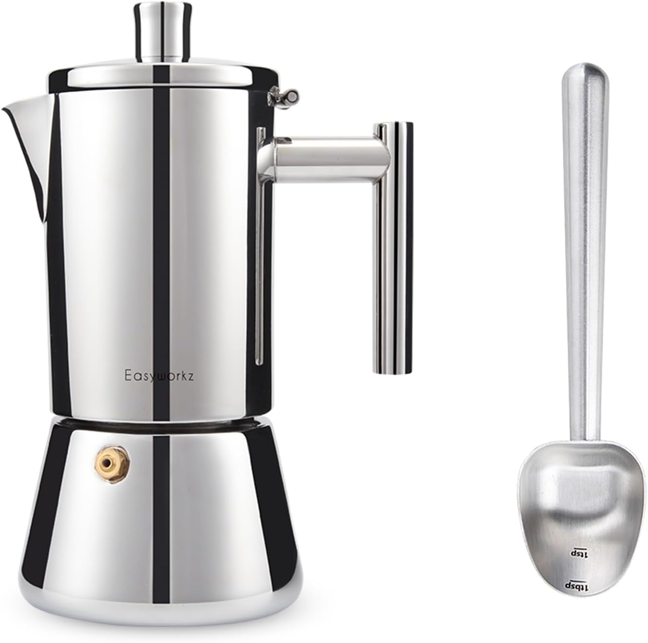 Easyworkz Diego Stovetop Espresso Maker 4Cup 6.8 oz Moka Pot, Bundled with Stainless Steel Long Hollow Handle 7g Measuring Spoon, Brushed Silver