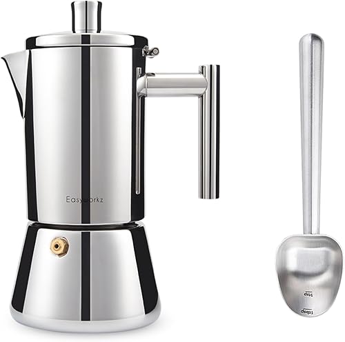 Easyworkz Diego - Cafetera de café expreso para estufa, 4 tazas, 6.8 onzas, con mango largo hueco de acero inoxidable, cuchara medidora de 0.27