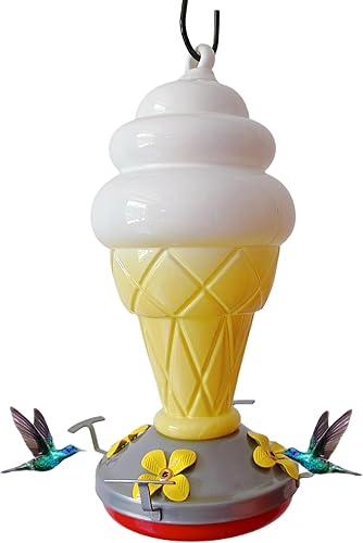 Sceufe Decoración de jardín, comedero de colibríes para exteriores, 4 estaciones de metal de alimentación, vidrio soplado a mano, incluye un foso de