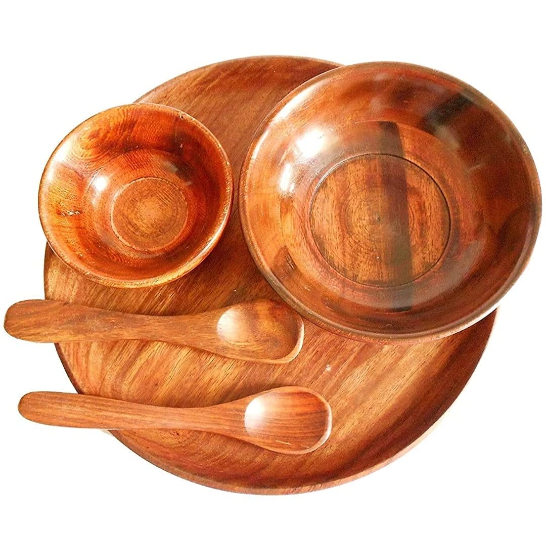 Zenzest Wooden Serving Two Bowl with one Wooden Plate and 2 Spoons/Wooden 4.5inch, 6inch Serving Bowl, 2 Small Spoon & 1 Wood Thali Set for Dinner and Tealight Gifts Item (Pack of 5)