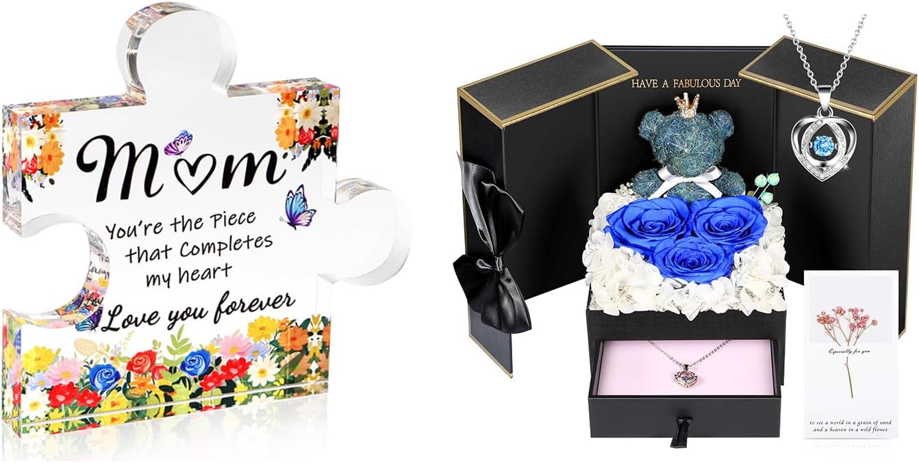ADDWel Romantic Mom Gift Bundle: Blue Preserved Real Roses with 925 Sterling Silver Necklace & Engraved Acrylic Puzzle Block - Mother's Day, Birthday, Christmas Gifts for Mother