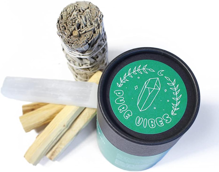 Yogo Pure Vibes Smudging Kit - 5 Sustainably Harvested Palo Santo Sticks from Ecuador, Ethically farmed White Sage from California, and a Selenite Crystal Wand for Energy Cleansing and Aromatherapy