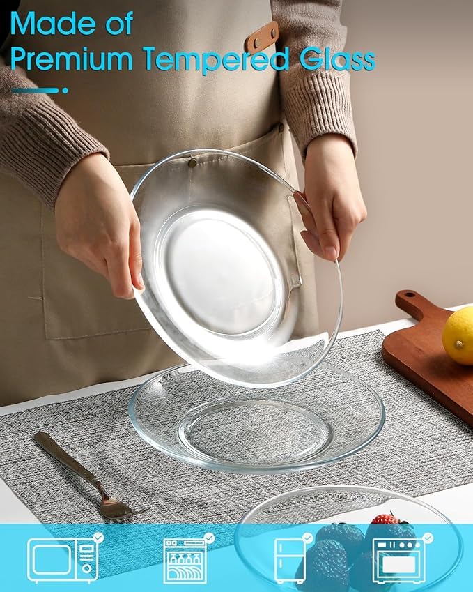 Image of PrimeWorld Clear 8-Inch Tempered Glass Plates - Set of 2 | Elegant Dinner, Salad, Dessert Plates | Microwave & Dishwasher Safe, Durable Glassware for Home, Kitchen, and Entertaining