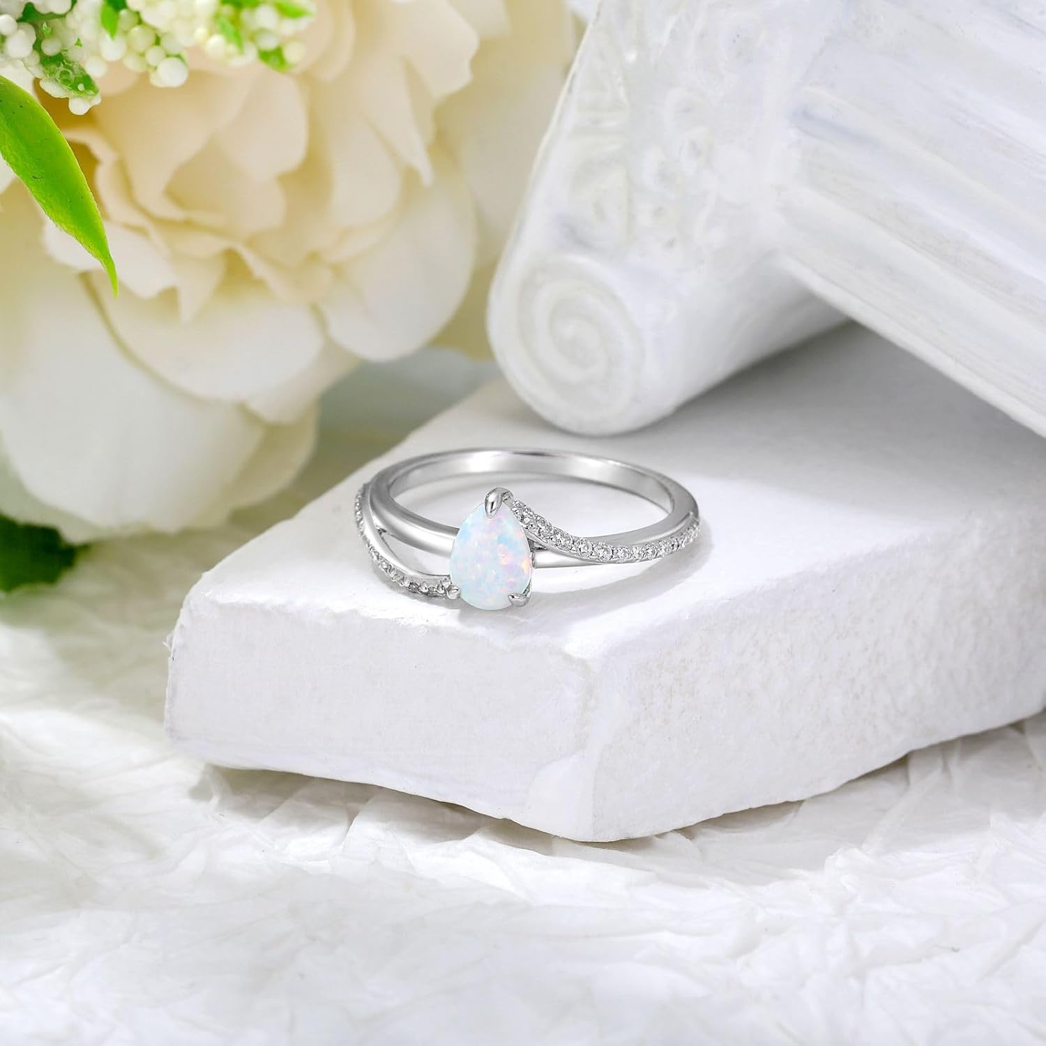 1 Carat Opal Ring for Women 925 Sterling Silver Pear Shape Opal Engagement Ring with Moissanite Promise Ring Jewelry Gifts for Her