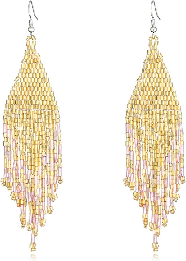 Color Boho Rice Beads Tassel Earrings.Multicolor Long Beaded Dangle Earrings Handmade Woven Drop Earrings Jewelry Gifts for Women