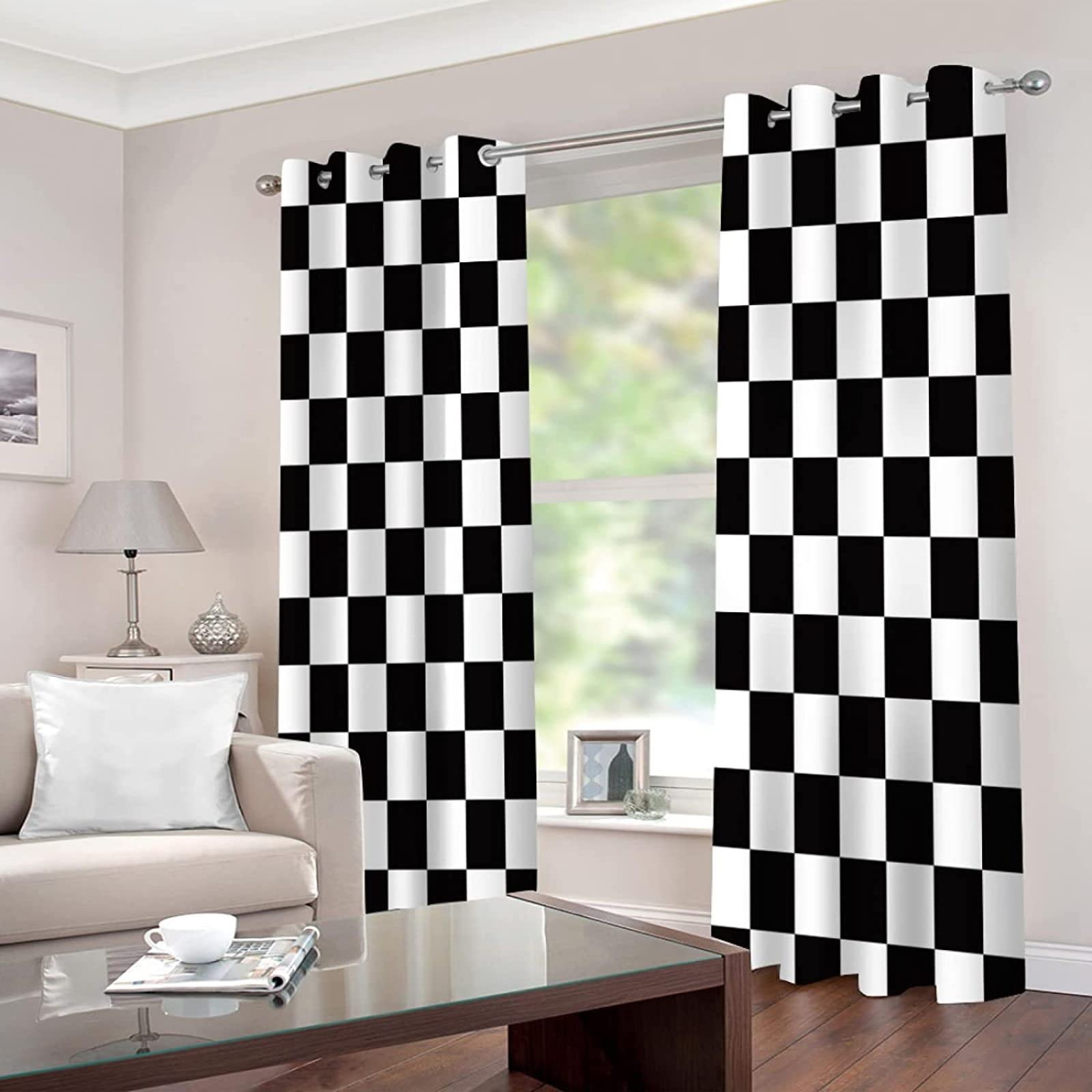 Damier Noir et Blanc Rideau Occultant 3D Rideaux Damier Noir et Blanc Rideaux Occultants 280x175 cm Rideau Chambre Salon Décoration à Oeillets Thermique Lsolant Rideaux Occultant 2 Pièces