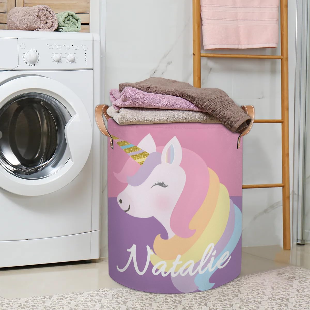 Personalized Laundry Basket, Custom Gift Laundry Hamper, Collapsible Nursery Waterproof Laundry Baskets, Dirty Clothes Toy Hamper with Handles Pink Purple Unicorn
