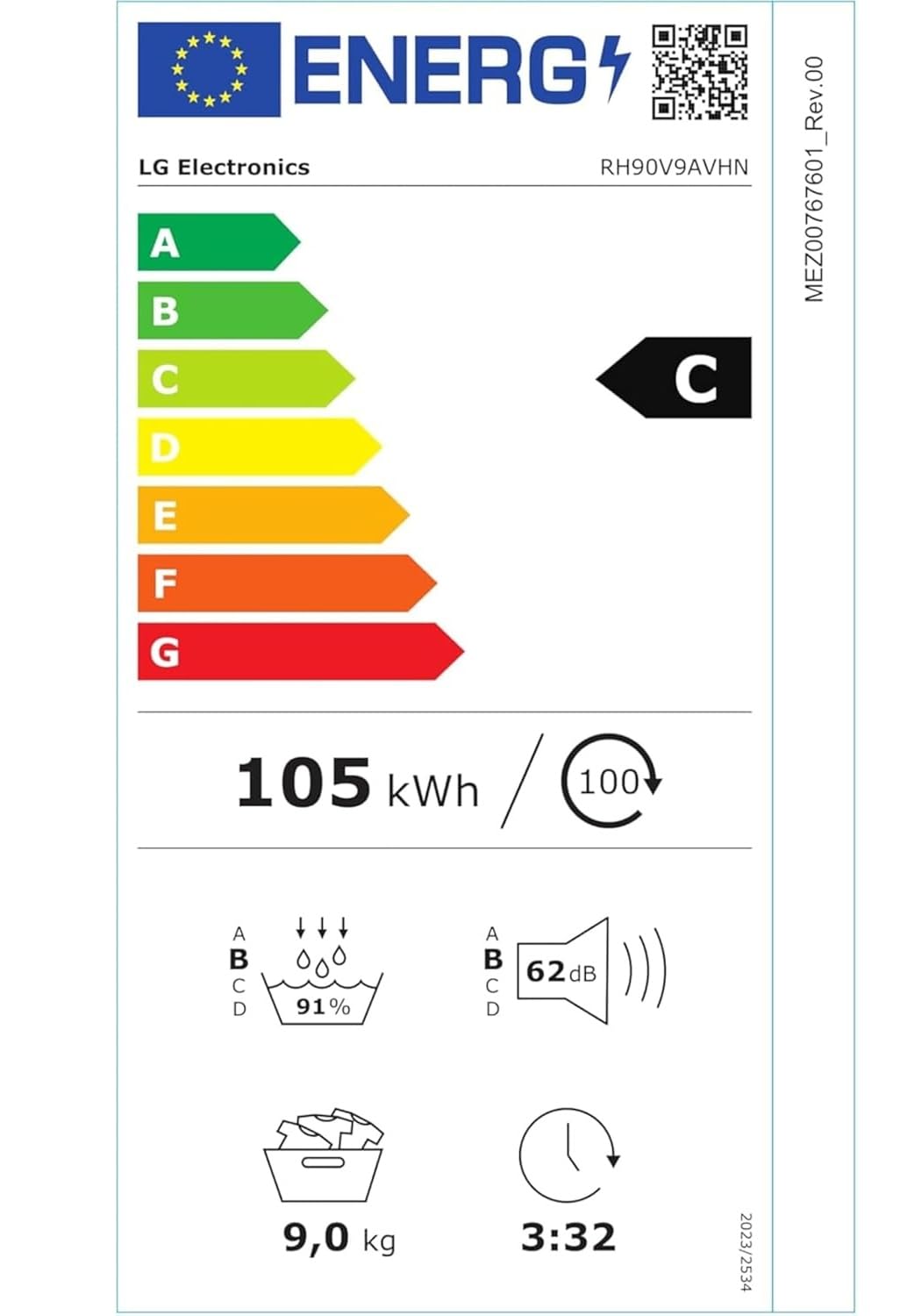 LG RH90V9AVHN Asciugatrice Smart a Carica Frontale 9 Kg, Classe C, Condensazione con Pompa di Calore, Wi-Fi con SmartThinQ, Eco Hybrid, Allergy Care, 60 x 69 x 85 cm - Bianco