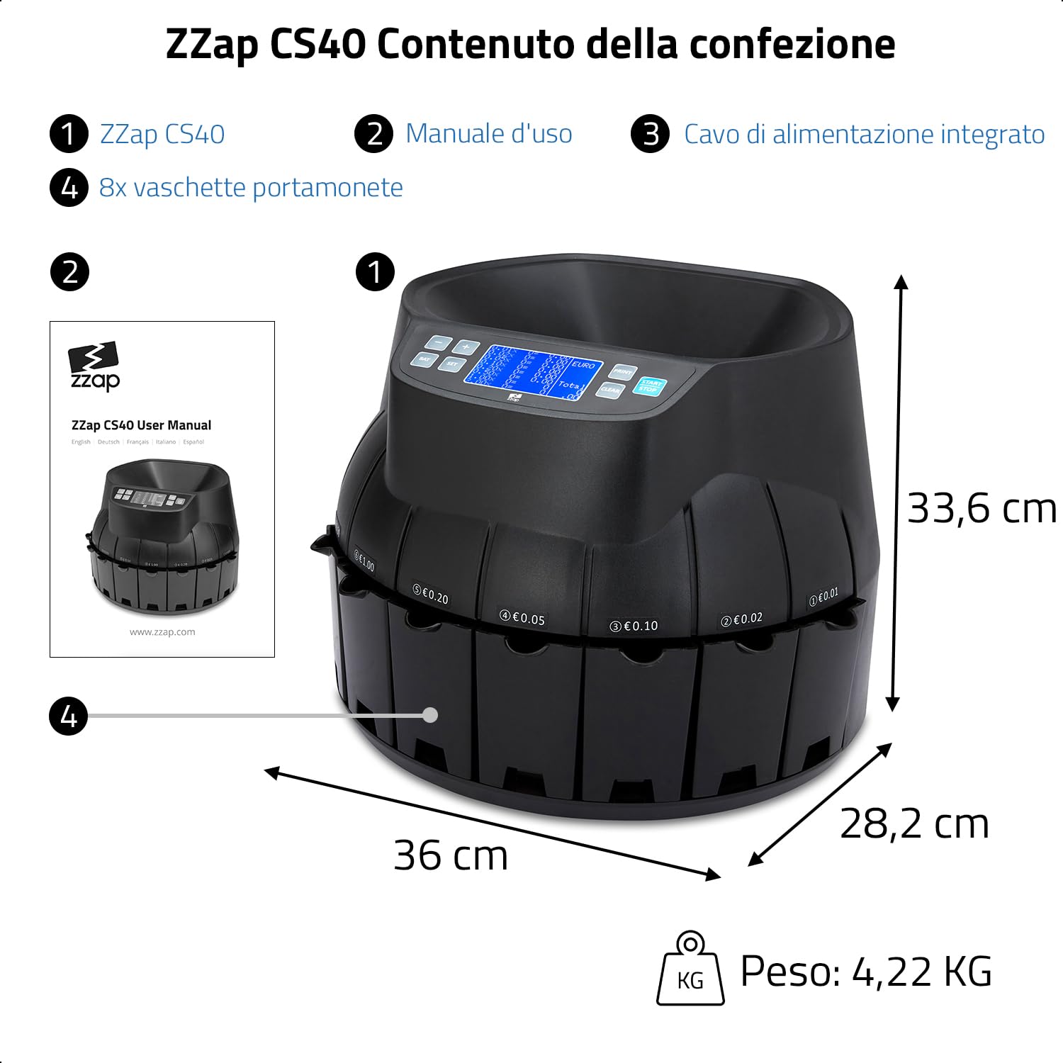 ZZap CS40 Contamonete automatica in euro, Macchina conta-denaro, Macchina conta-soldi