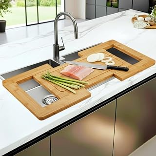 Kitchen Over The Sink Cutting Board - Expandable Cutting Board Over Sink, Bamboo Cutting Boards with Juice Groove
