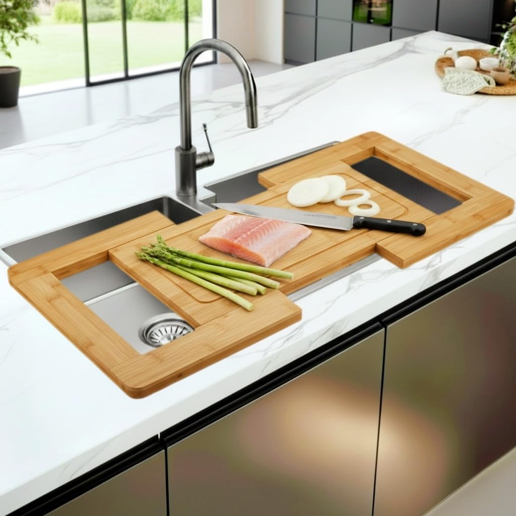 Kitchen Over The Sink Cutting Board - Expandable Cutting Board Over Sink, Bamboo Cutting Boards with Juice Groove