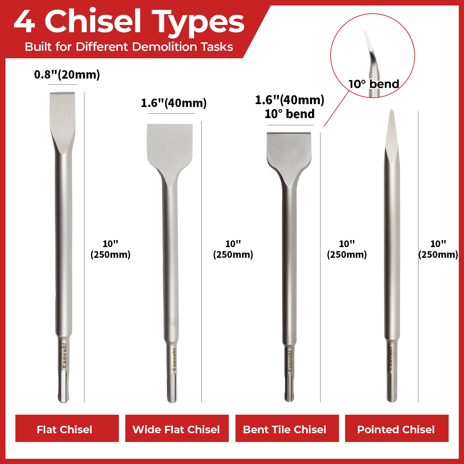 SDS Plus - Juego de cinceles para mampostería - 4 brocas de cincel resistentes para taladro percutor - Incluye cincel plano, puntiagudo y de azulejos - Herramienta de extracción de hormigón