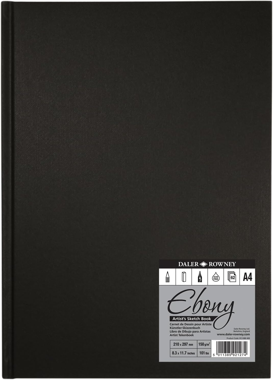 Daler-Rowney Ebony 160gsm A4 Smooth Portrait Hardbound Sketchbook, Casebound, 54 Natural White Sheets, for Professional Artists & Students