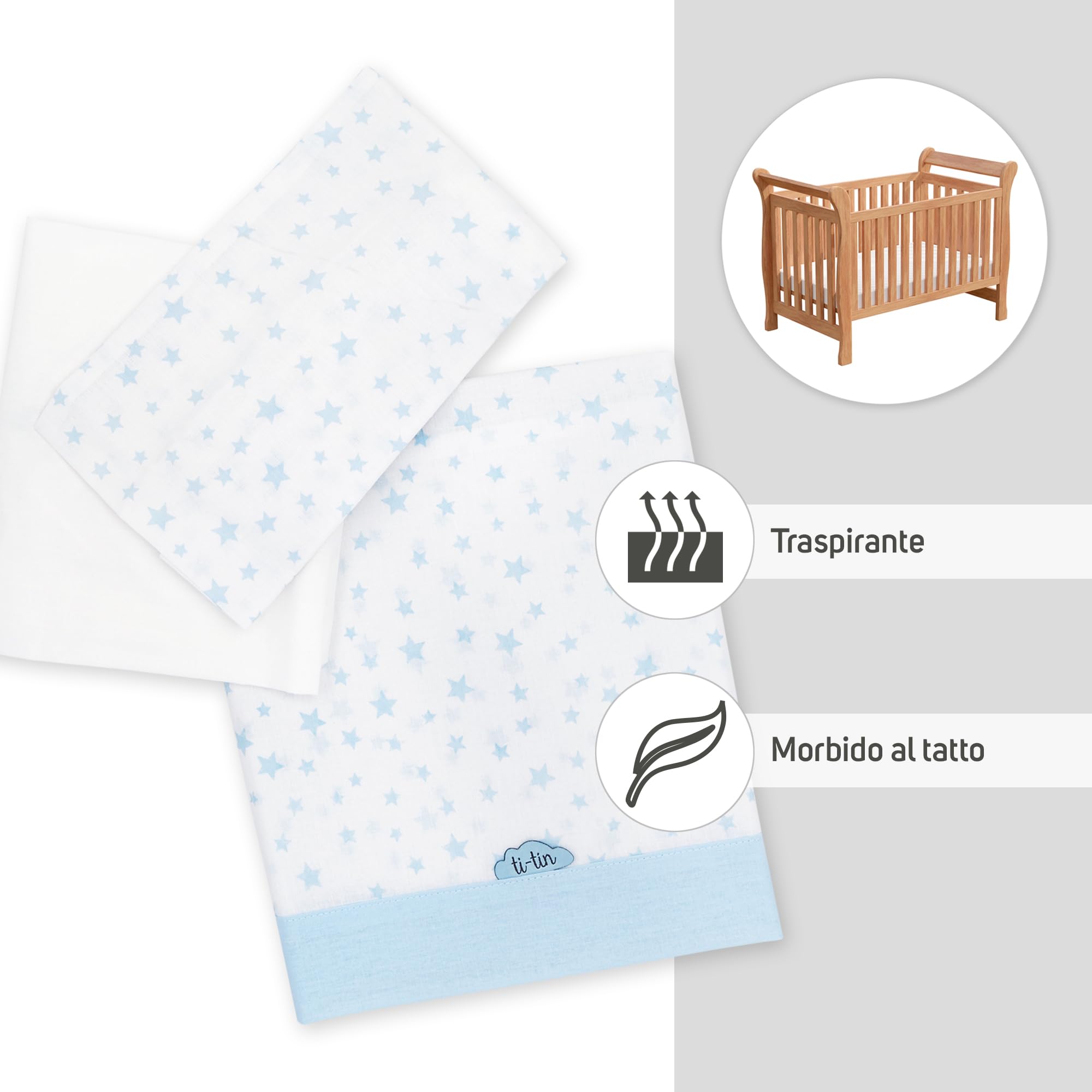 Ti TIN | Set Per Culla con Lenzuolo con Angoli, Lenzuolo, Federa, 100% Cotone | Set di 2 Lenzuola e 1 Federa | 60x120 cm