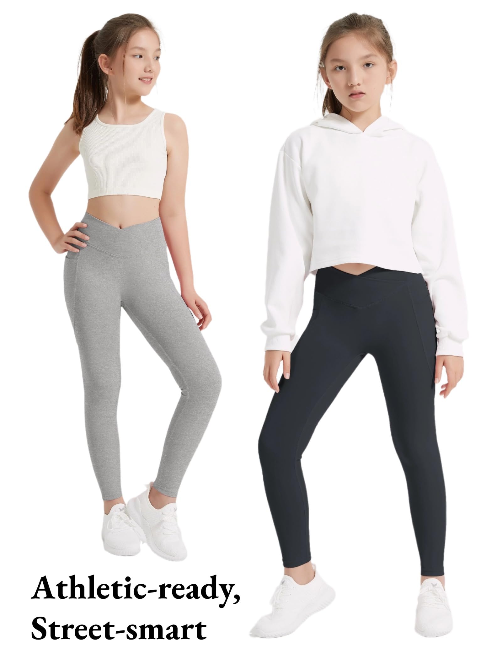 EXARUS 4 Pack Girls Leggings Kids Athletic Yoga Pants Crossover V Waist High Waisted with Pockets Compression for School Dance Black Blue Dark Grey Heather Grey 12Y