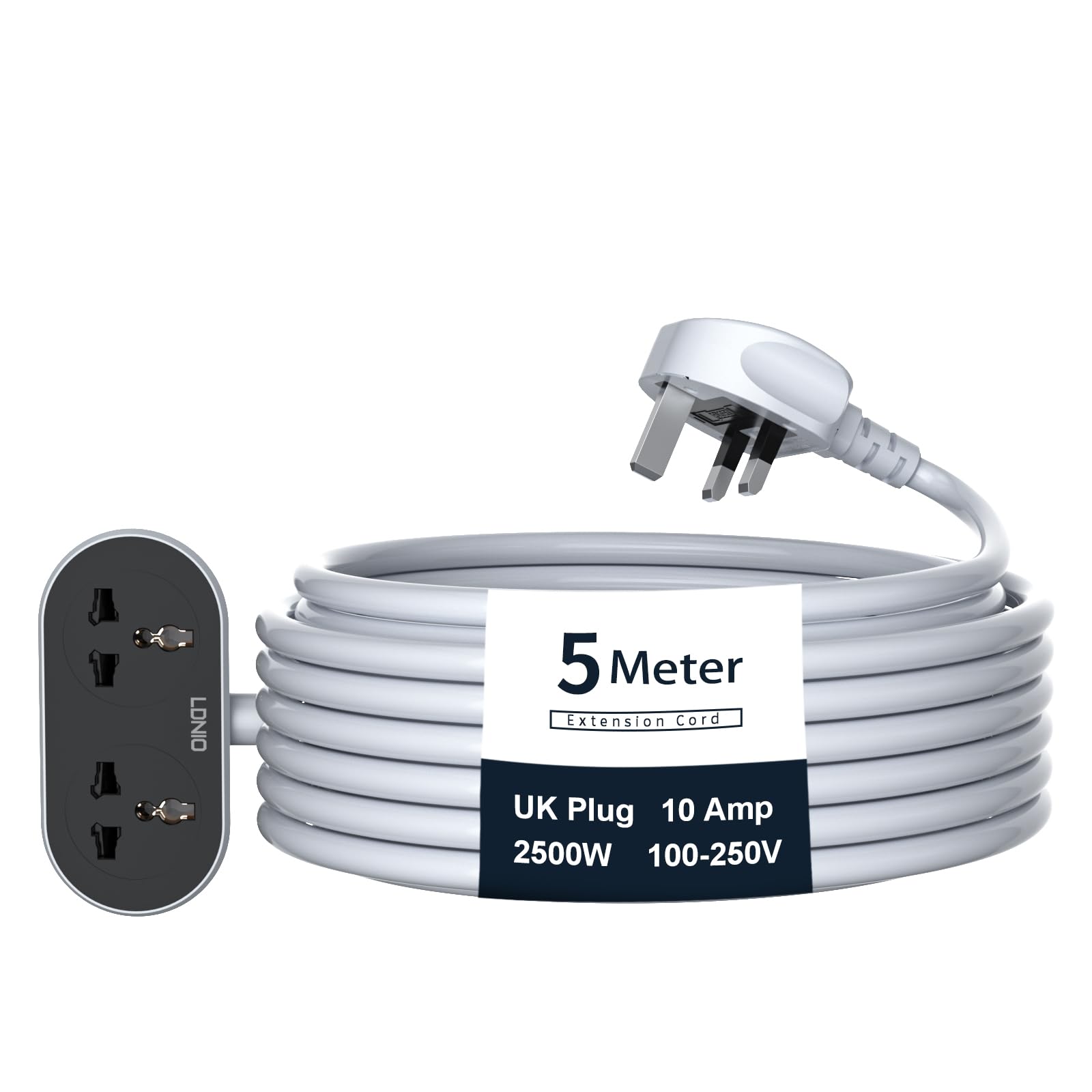 Hoteon LDNID Extension Cord, Extension Cable with 5 Meter Heavy Duty Long Wire Cord, 2 Outlet Socket 2500W 10A Expandable Electric Extension, UK Plug Power Extension (5M Extension Cord - Black)