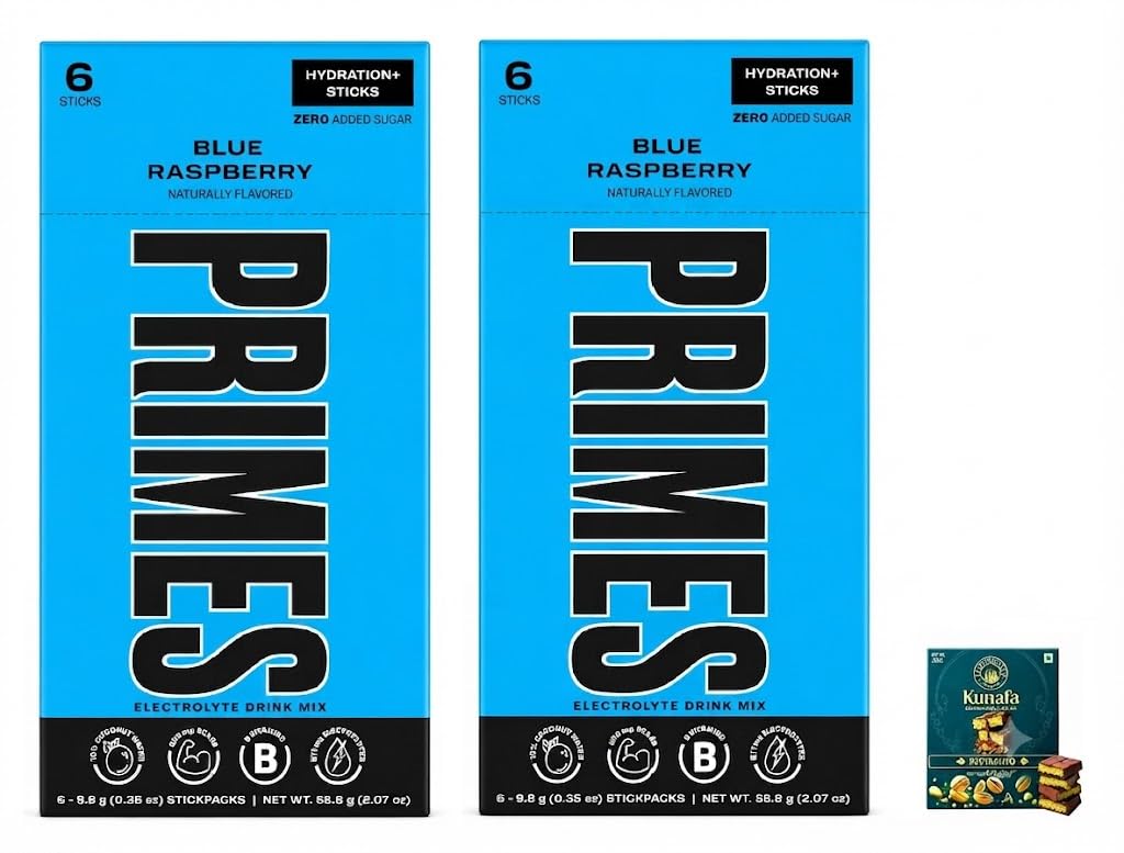 PRIMES Blue Raspberry Hydration+ Electrolyte Drink Mix (2 Pack) 58.8g Each With Free Flavourito Kunafa Pistachio Chocolate Bar, 20g By Decadent Foods (Imported USA)-image-39