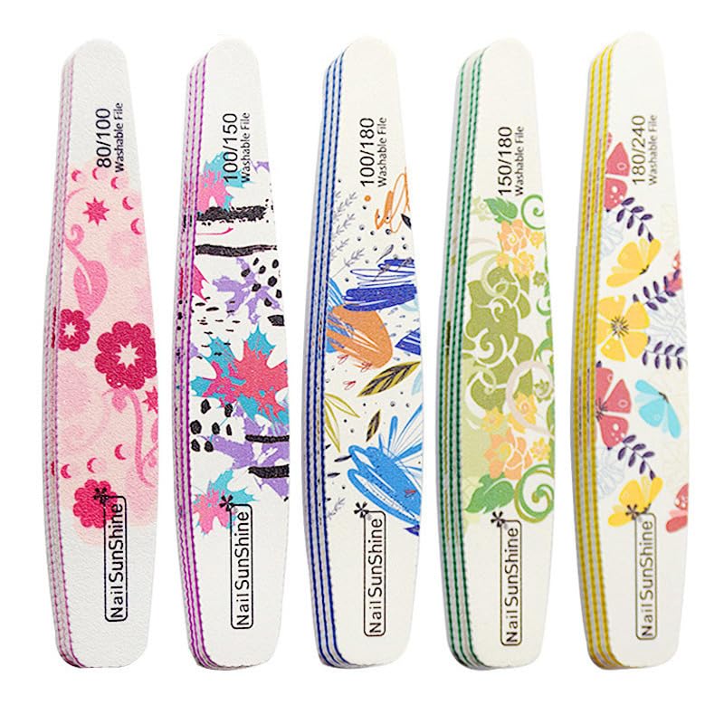 Nail File 5 Piece Professional Repeatable 80/100/150/180/240 Multiple Fine Patterns Coarse and Fine Degree Double Sided Golden Steel Sand Plate Washable Nail File Nail Art Tools For Polyethylene Nails