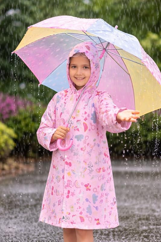 Image of Kids Waterproof PVC Raincoat with Hood & Sleeves | Lightweight, Portable Rain Wear for Boys & Girls | Button Closure with Storage Bag